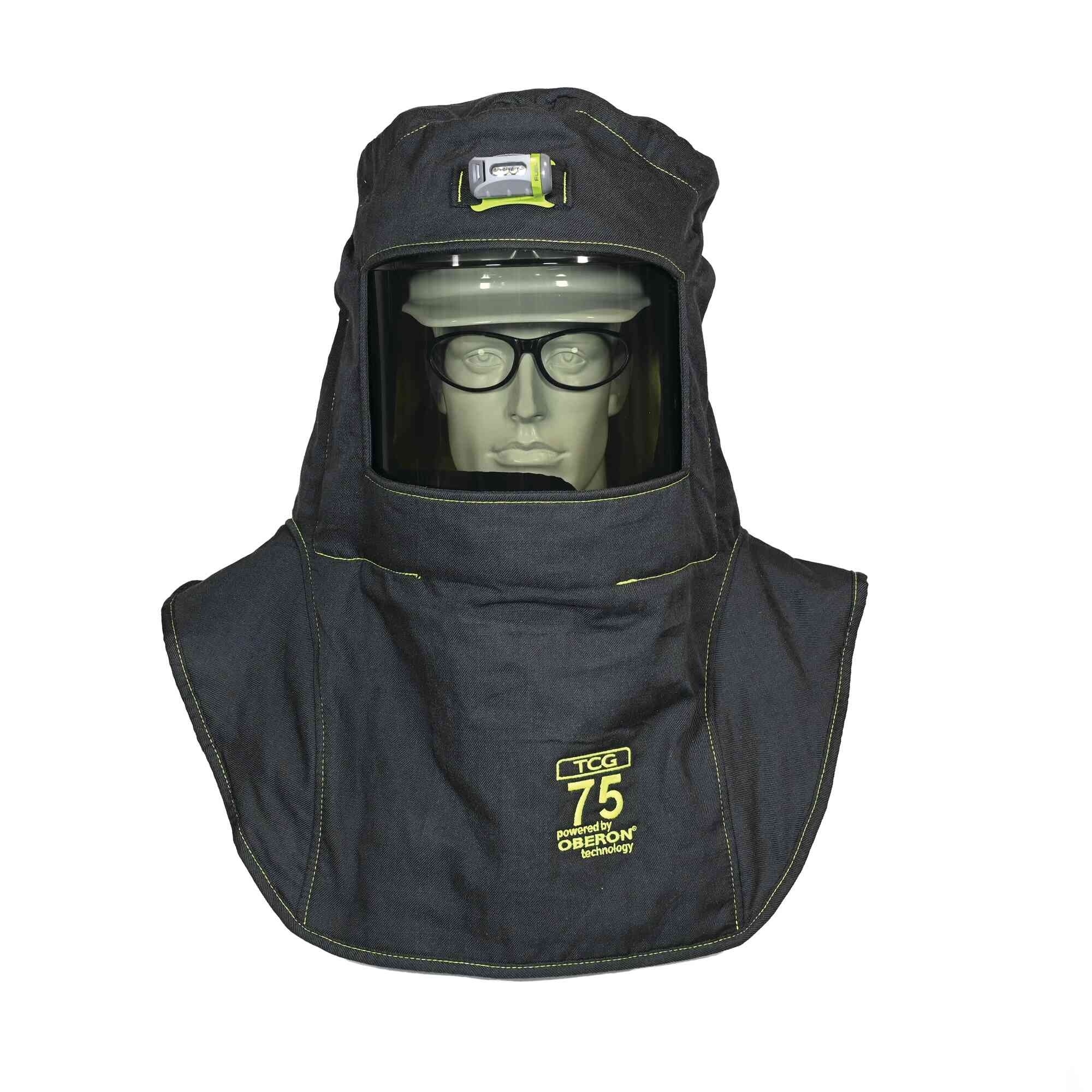 OBERON™ - Hood with Hard Cap - Arc Flash - 75 Cal TCG™ - With Fresh Air Arc Flash Hood Ventilation System & Light - Color: Black - Window: True Color Grey (TCG™) - Model # TCG75-C+HVSL